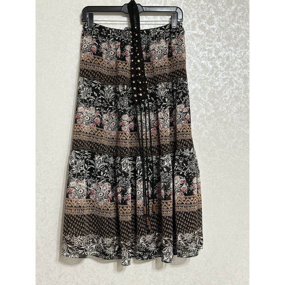 Pierre Cardin Black Brown Floral Print Lined Maxi Skirt & Tie Belt Boho Sz S